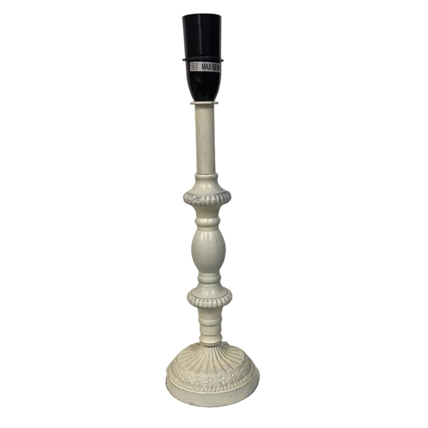 White decorative table lamp with black base on a white surface