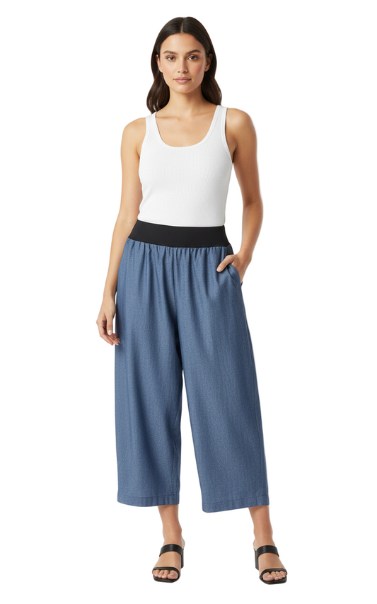 Women's Handmade Band Pants - Blue Denim