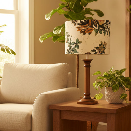 Lamp with a floral-patterned shade