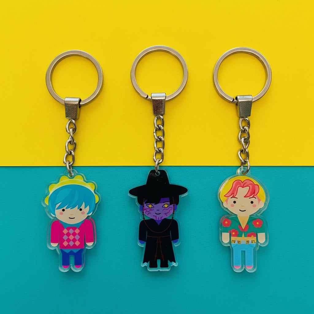 Three colorful keychains with cartoon characters on a textured surface