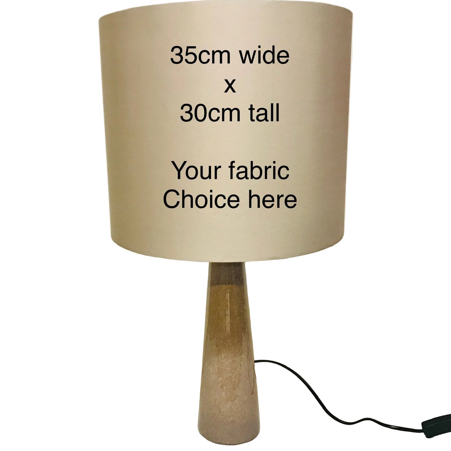 Beige lamp with text indicating size and fabric choice options on a white background.