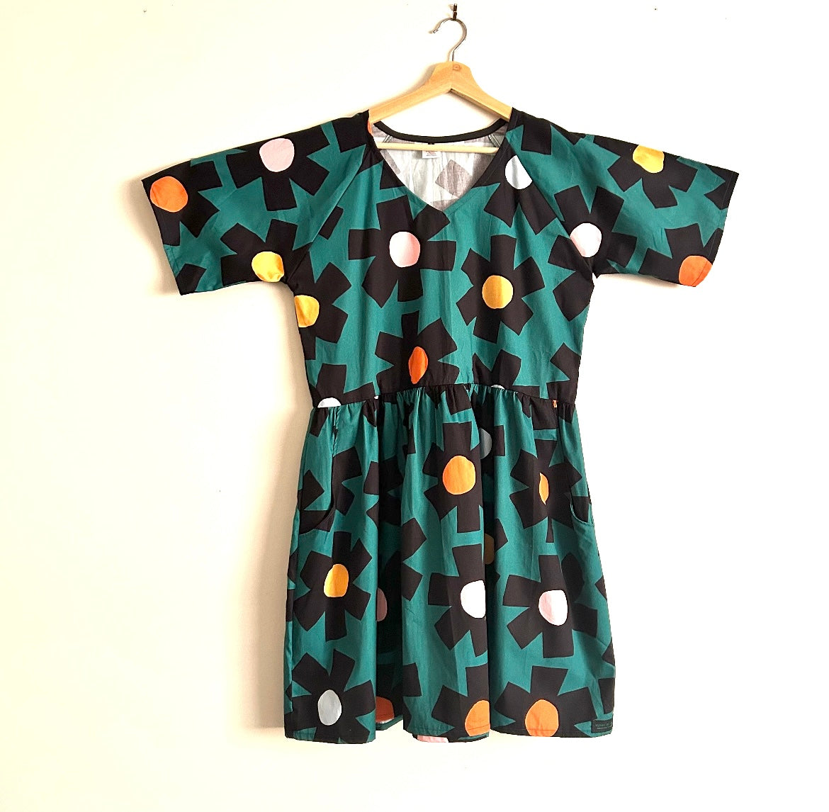 Women’s Handmade Ripple Dress with Pockets (short) - DARK GREEN WITH BLACK / LARGE