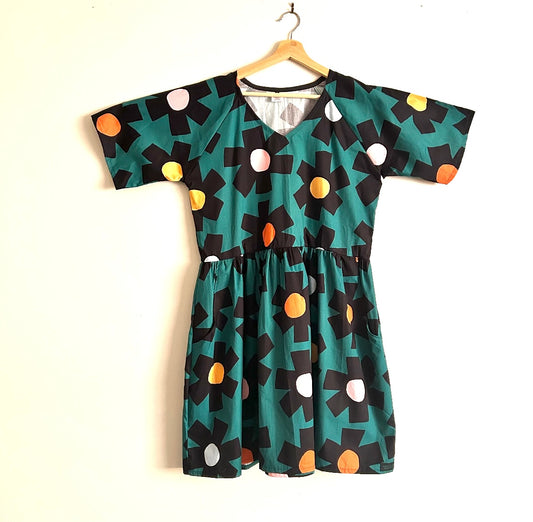 Women’s Handmade Ripple Dress with Pockets (short) - DARK GREEN WITH BLACK / LARGE