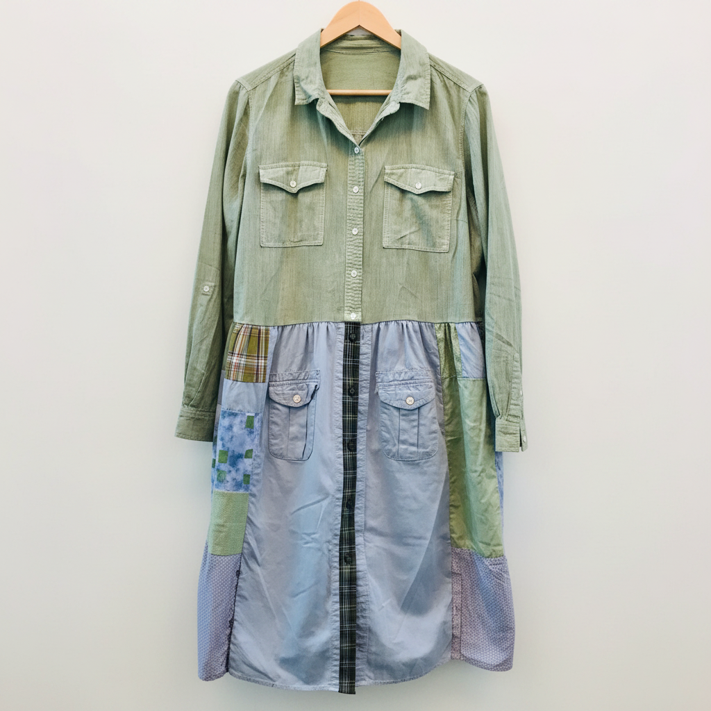 A patchwork button-up shirt dress hanging on a wooden hanger against a white-painted brick wall. The dress features a sage green upper section with two chest pockets, a light blue denim-like lower panel with two front flap pockets, and a central black plaid stripe running down the front.