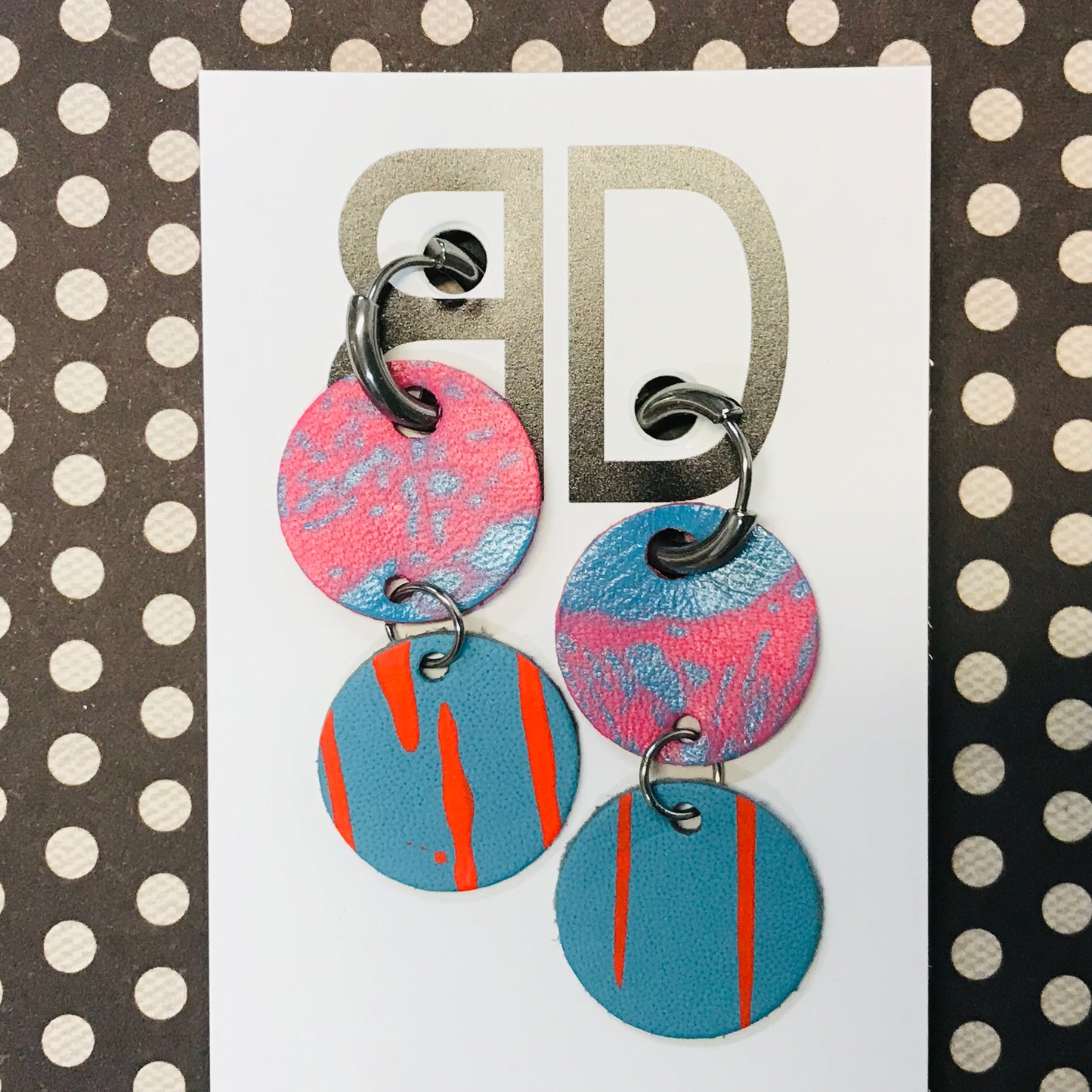 Hand painted leather bold statement earrings - Interchangeable Huggies