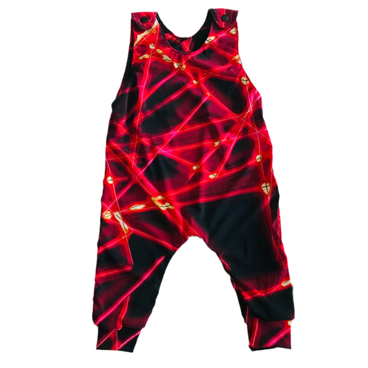 Red and black patterned jumpsuit on a white background