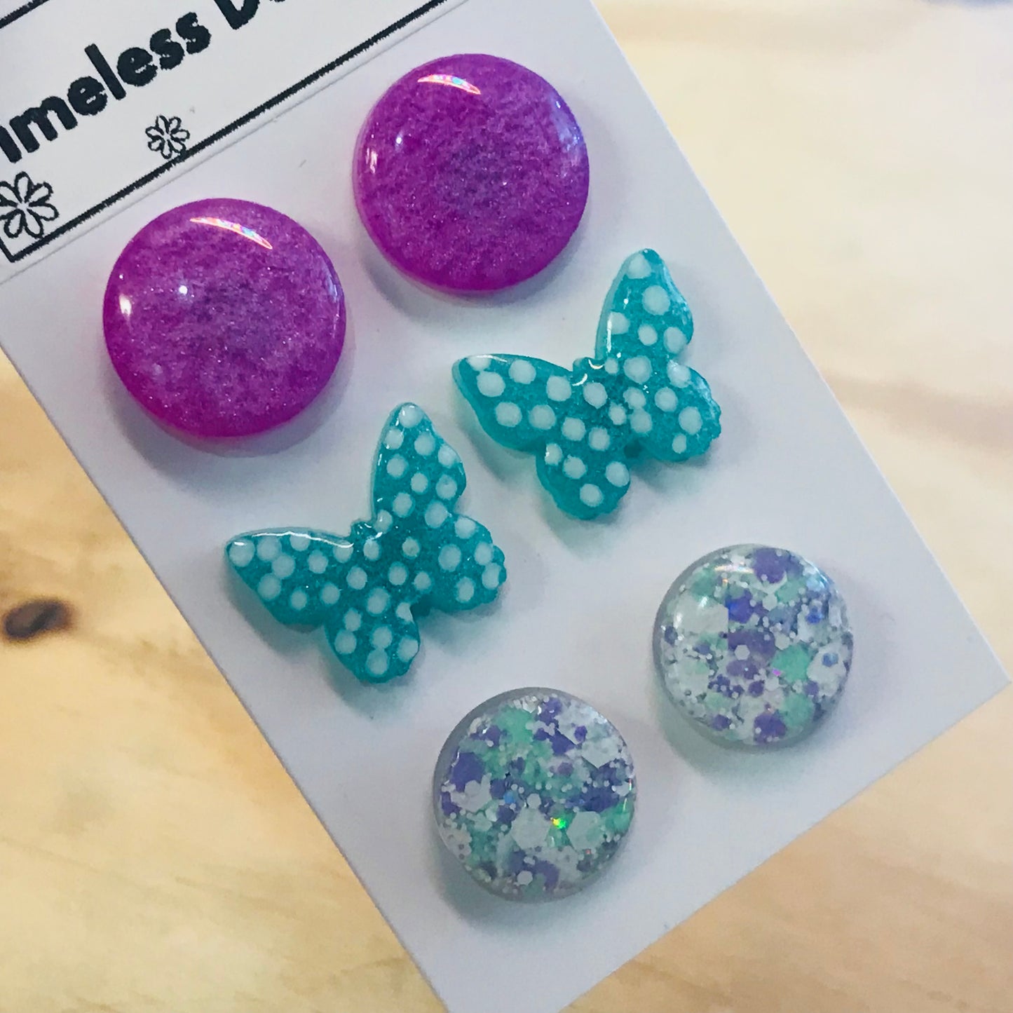 Novelty Resin Sparkle Stud Earrings - triple pack
