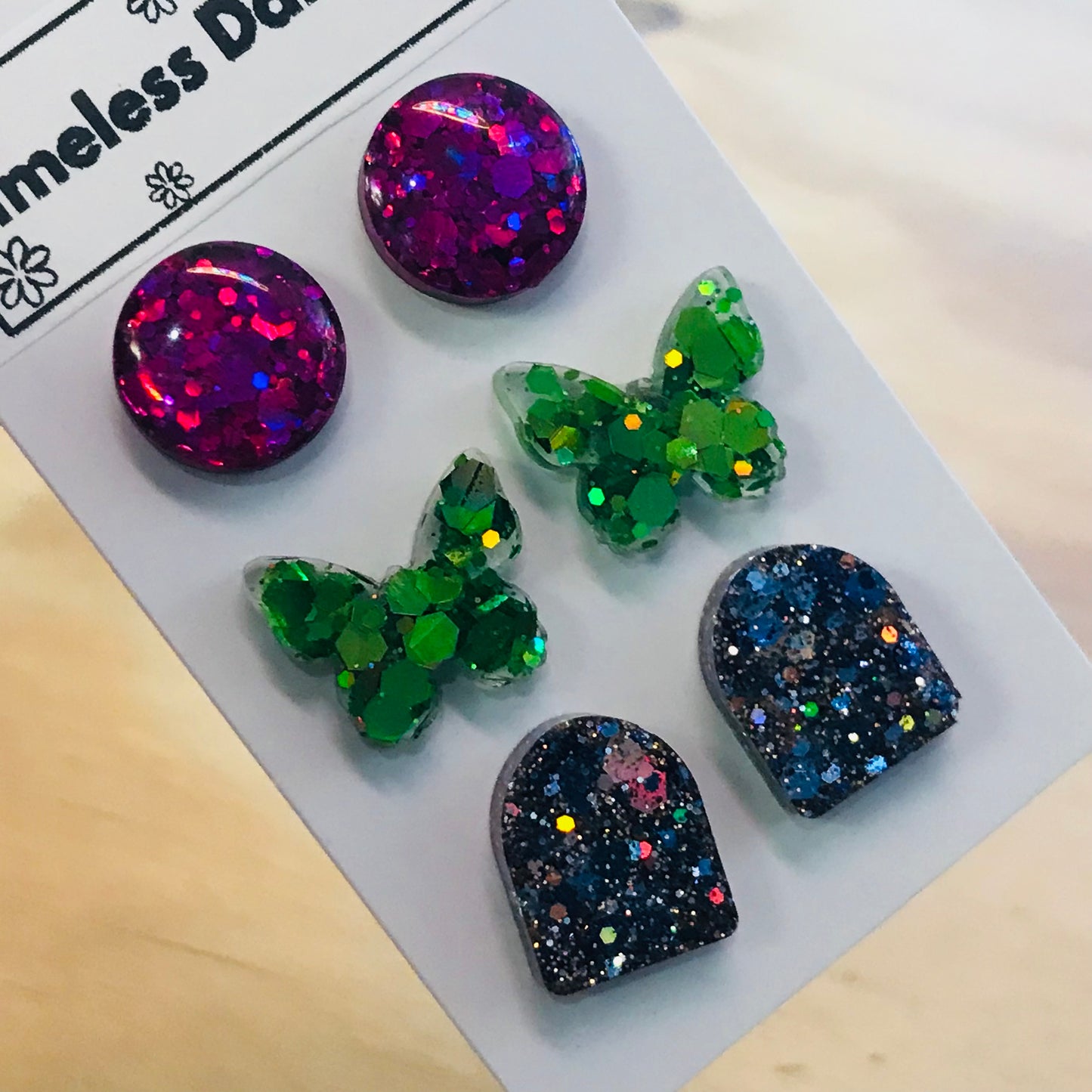 Novelty Resin Sparkle Stud Earrings - triple pack