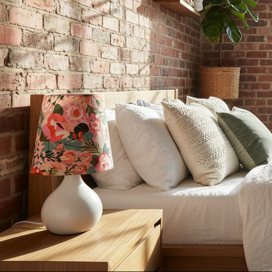 Floral lampshade on a white base next to a bed with pillows against a brick wall.