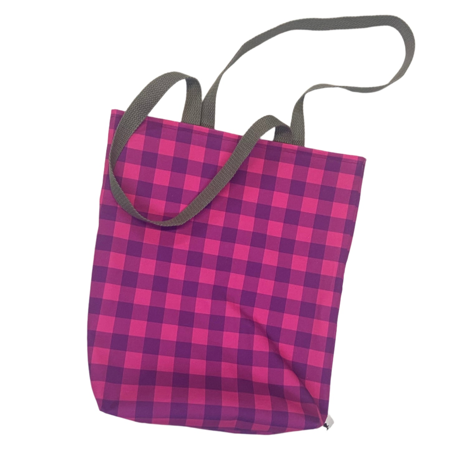Purple plaid tote bag on a white surface with scissors and a ruler nearby.