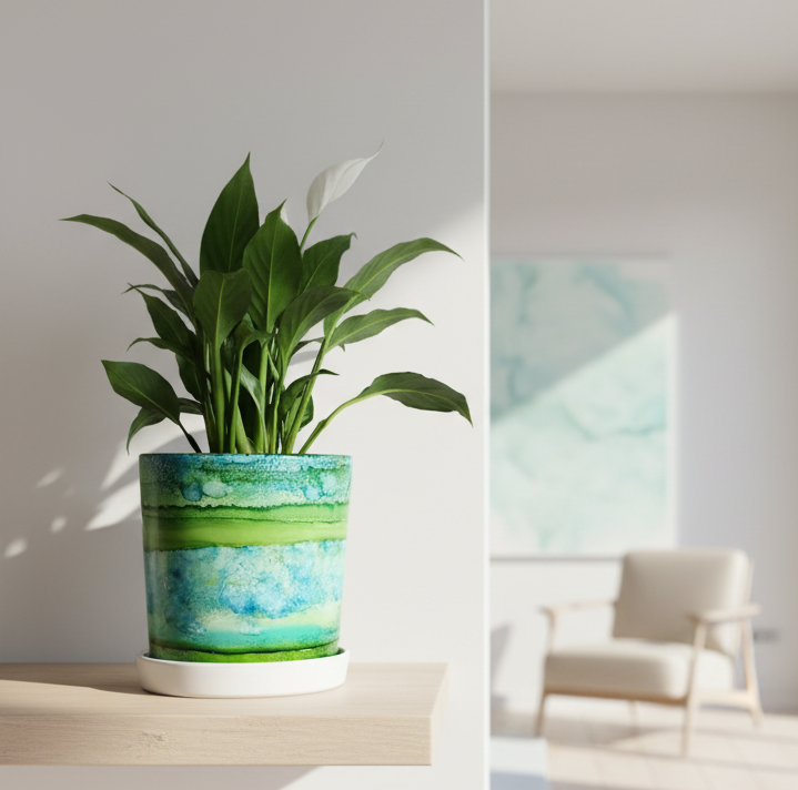 Alcohol Ink planter pot with tray - Coastal Calm