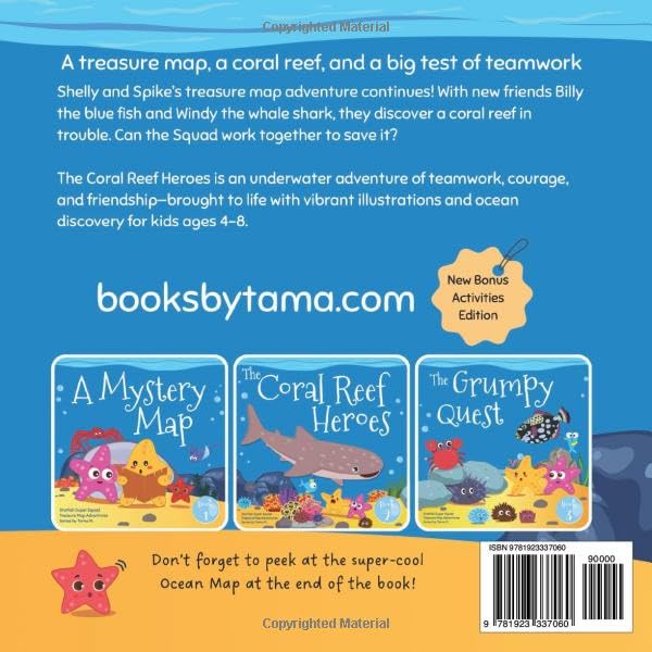 Back cover of a children's book series with ocean-themed illustrations and text.