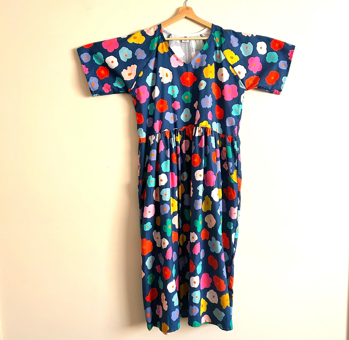 Women’s Handmade Ripple Dress with Pockets - BLUE FLOWER / X-LARGE