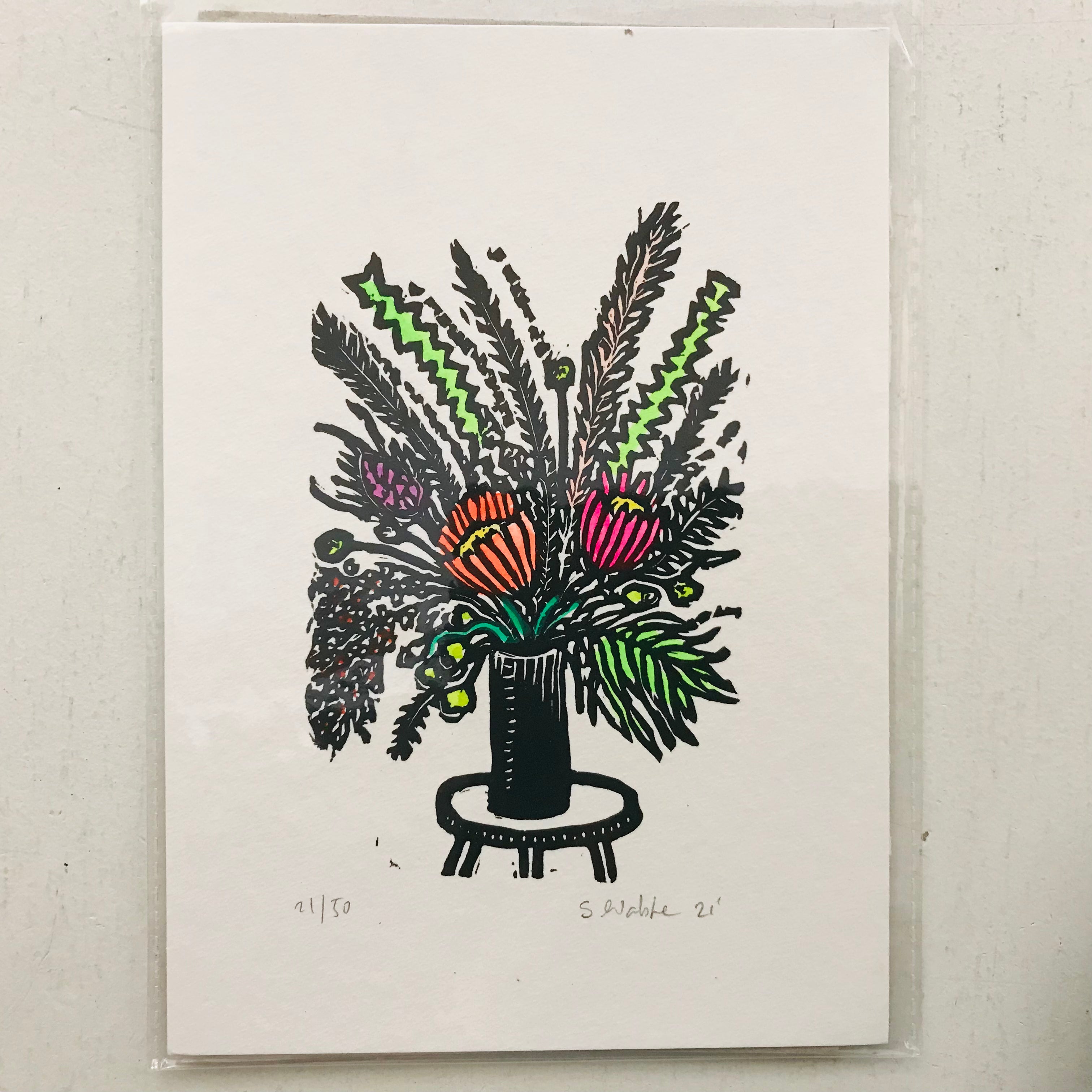 Hand printed & painted original linocut - FLORAL ARRANGEMENT #3 (unframed)