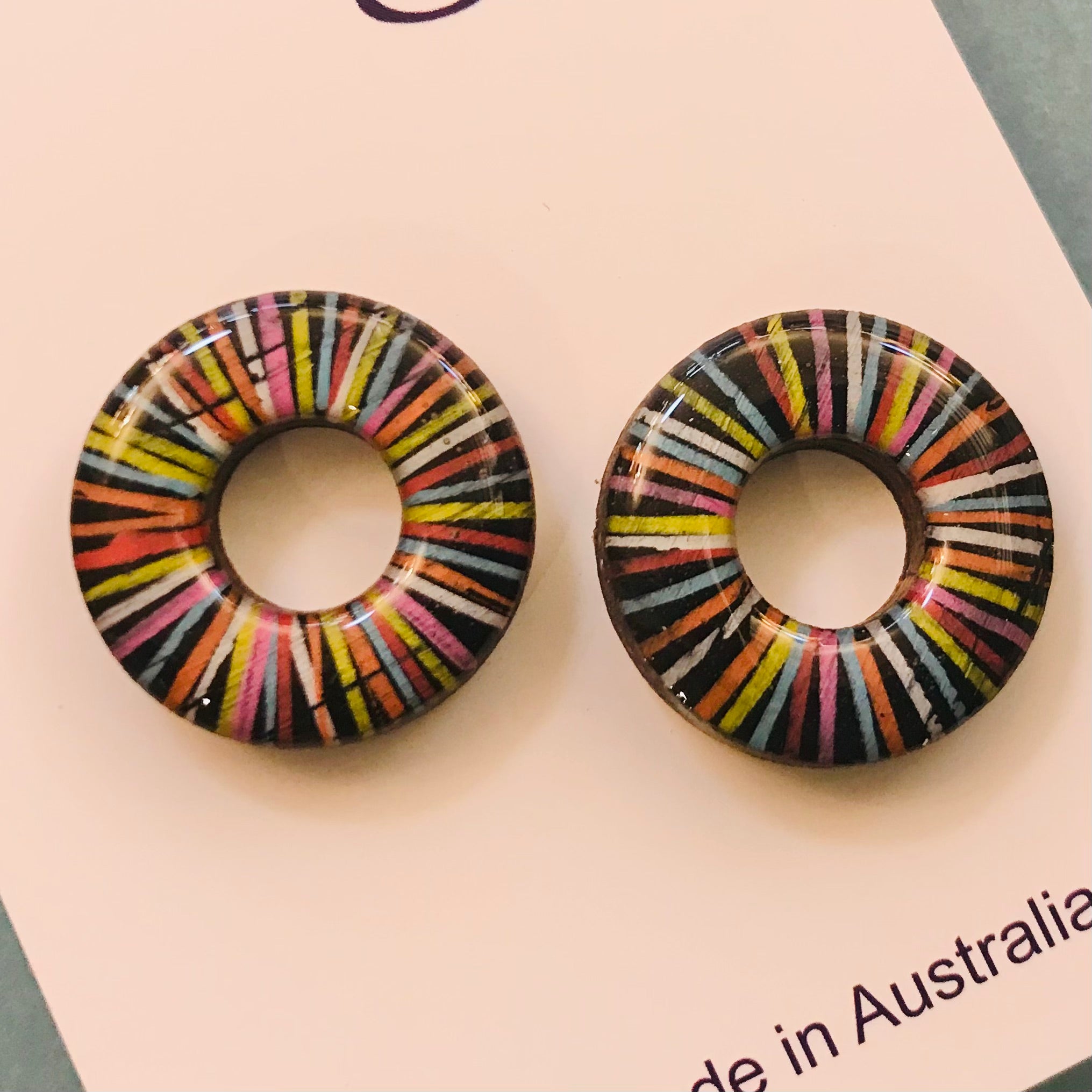 Bamboo Handpainted Mini Hoop Donut Studs