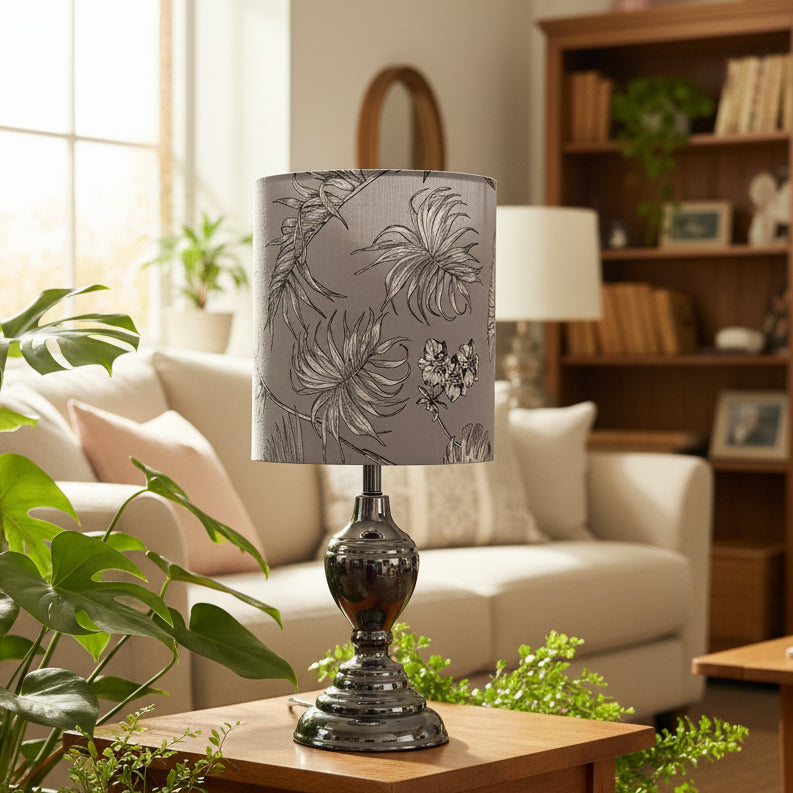 Mirrored Pewter Table Lamp with Monotone Palms Shade