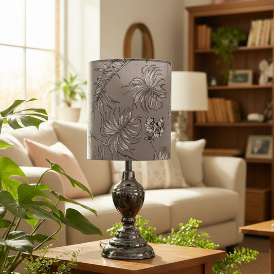 Mirrored Pewter Table Lamp with Monotone Palms Shade