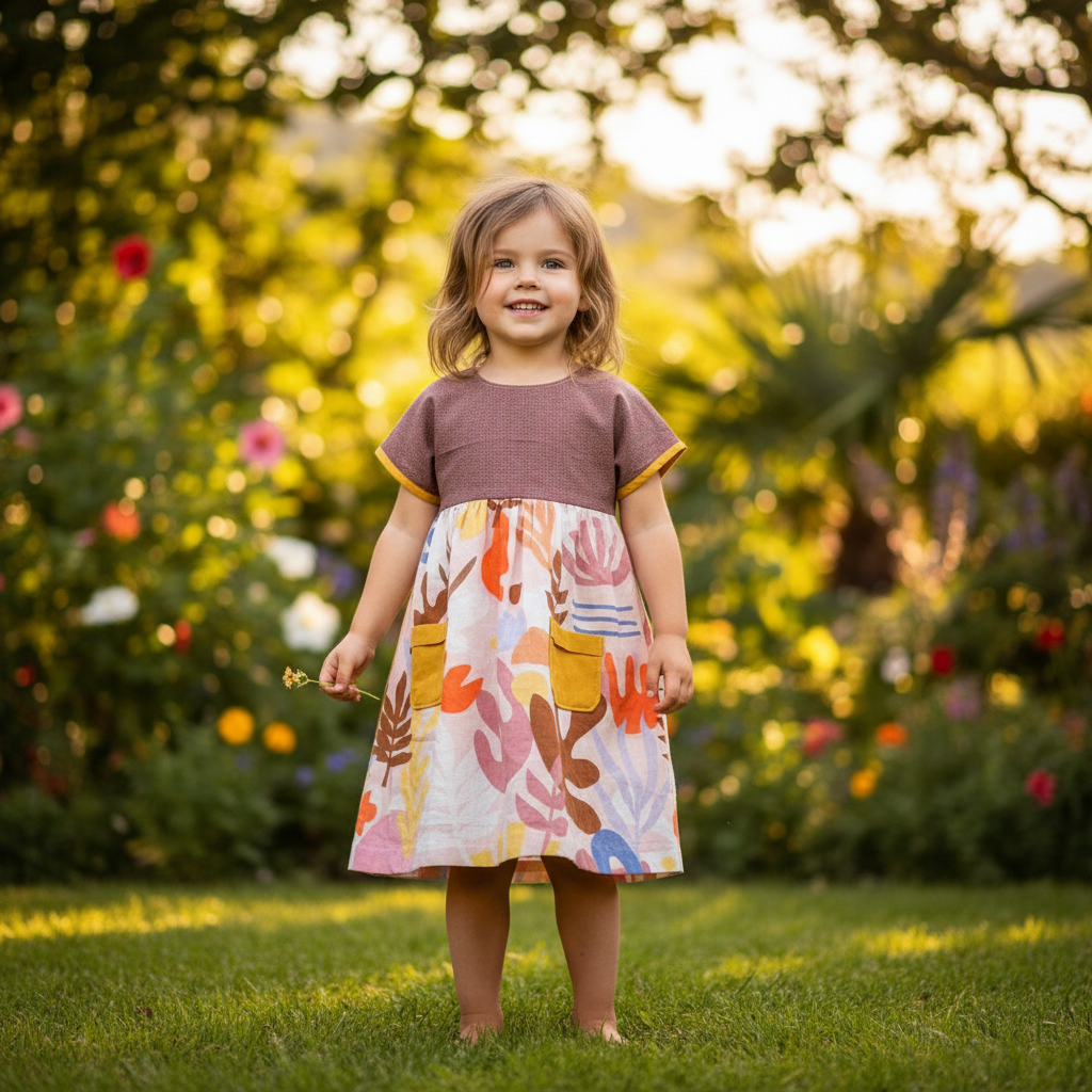 Young girl in a colorful dress standing in a garden with flowers and greenery.