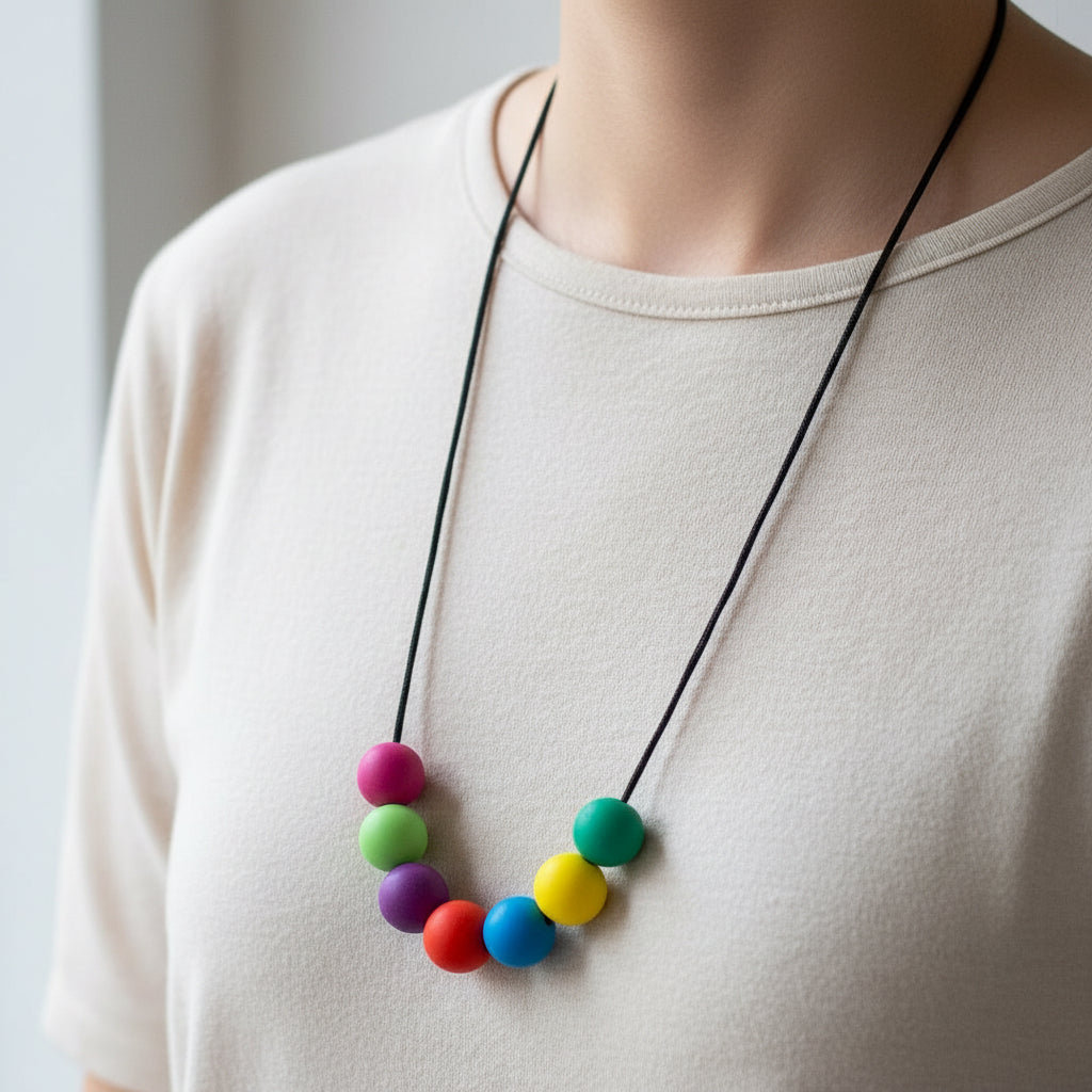 Necklace with colorful beads on a beige background