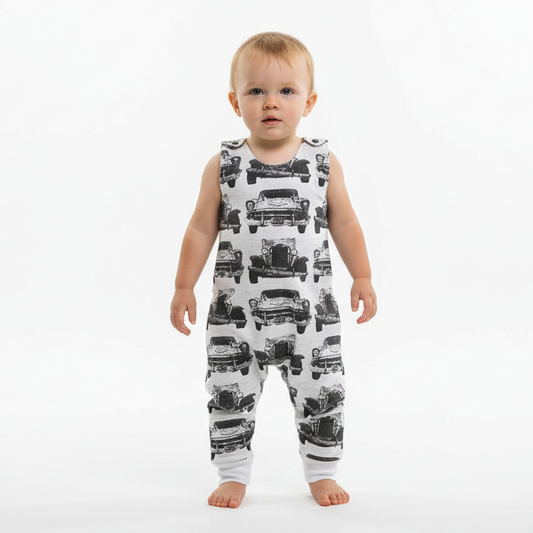 Baby Toddler Long Romper - Black & White Cars