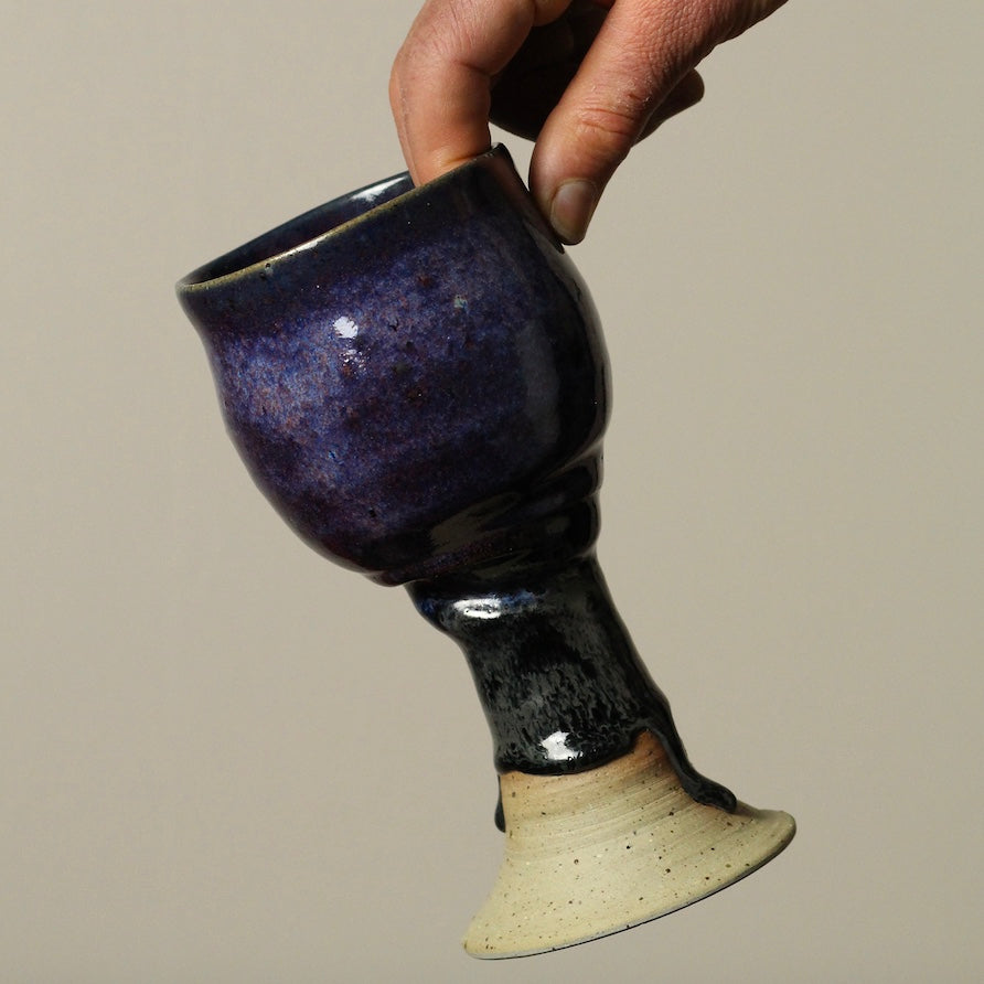 Handcrafted Pottery Wine Goblet - Deep Blue Black Base (280mls)