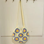 handmade crochet granny square shoulder bags with long strap in white with blues and purple