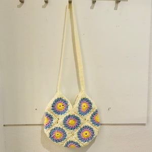 handmade crochet granny square shoulder bags with long strap in white with blues and purple