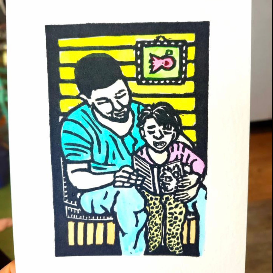 Hand printed & painted original linocut - MY DAD (unframed)