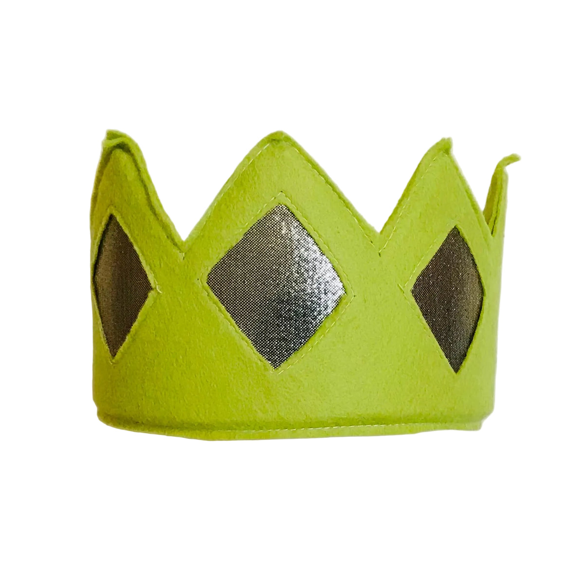 A lime green crown-shaped accessory with three diamond-shaped cutouts filled with textured silver glitter, shown on a light gray background.