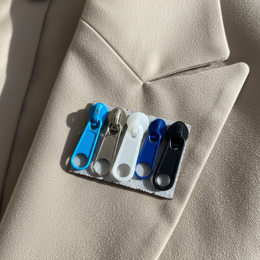 Set of five zipper pulls that make a brooch on a textured surface