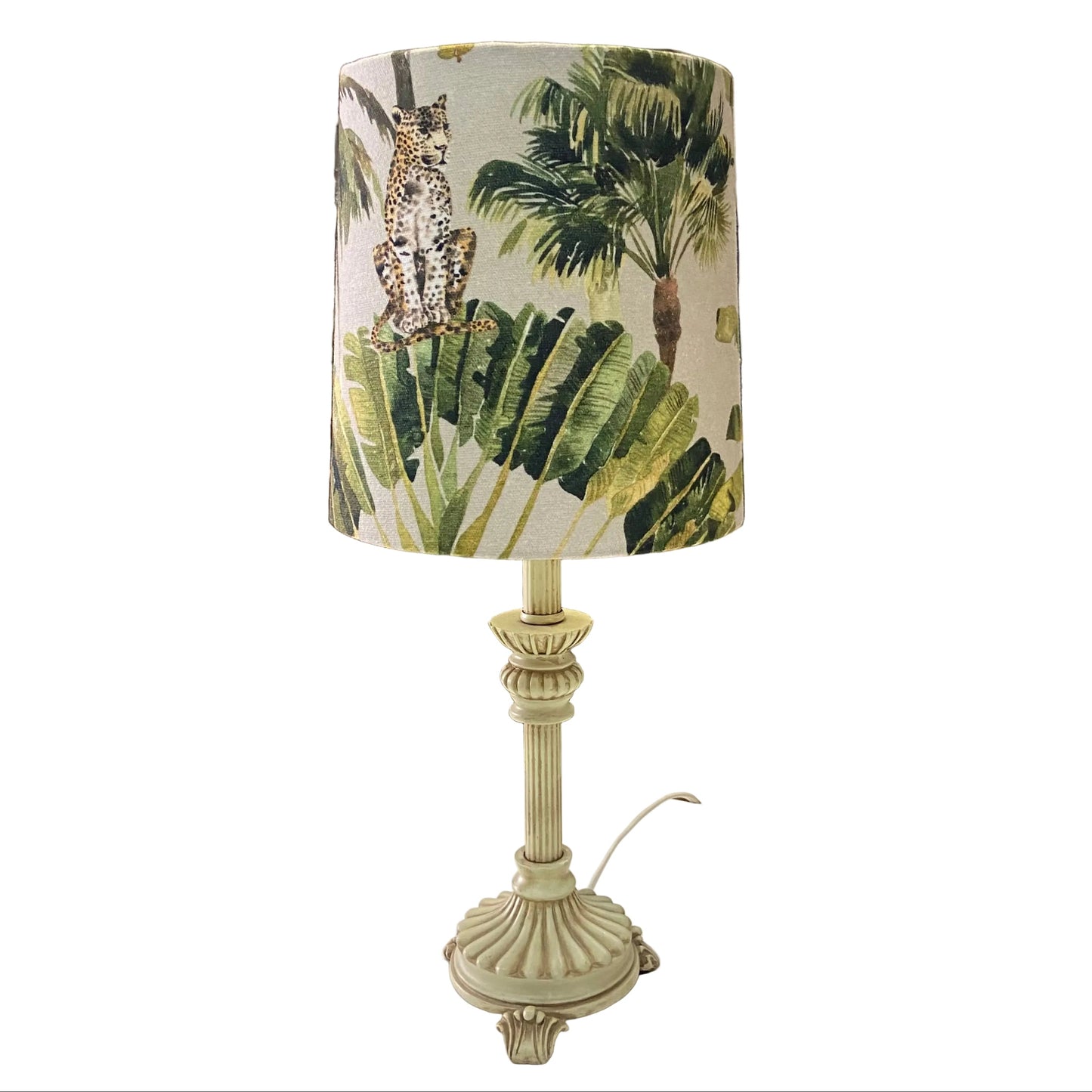 Cream Candlestick Table Lamp with Jungle Palms Shade