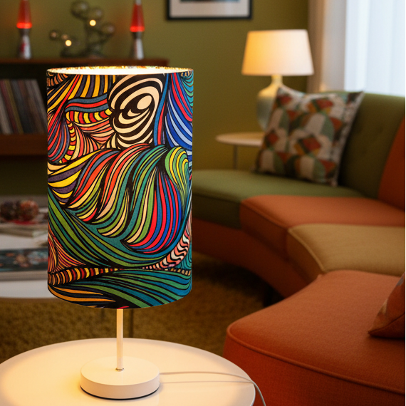 A table lamp with a colorful cylindrical shade featuring a psychedelic, swirling line pattern in multiple bright colors, supported by a white metal stand and a round white base.