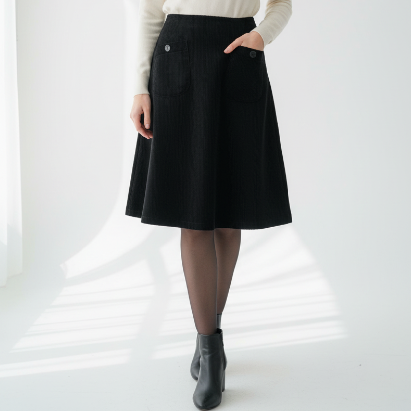 Woman wearing a white turtleneck and black skirt on a white background
