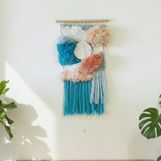 Textile wall art with blue and pink colors on a white wall