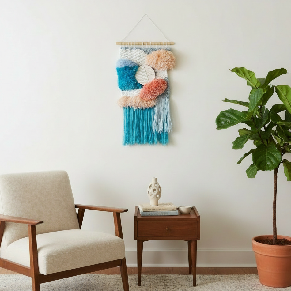 Decorative wall hanging above a chair and side table with a plant in the corner.