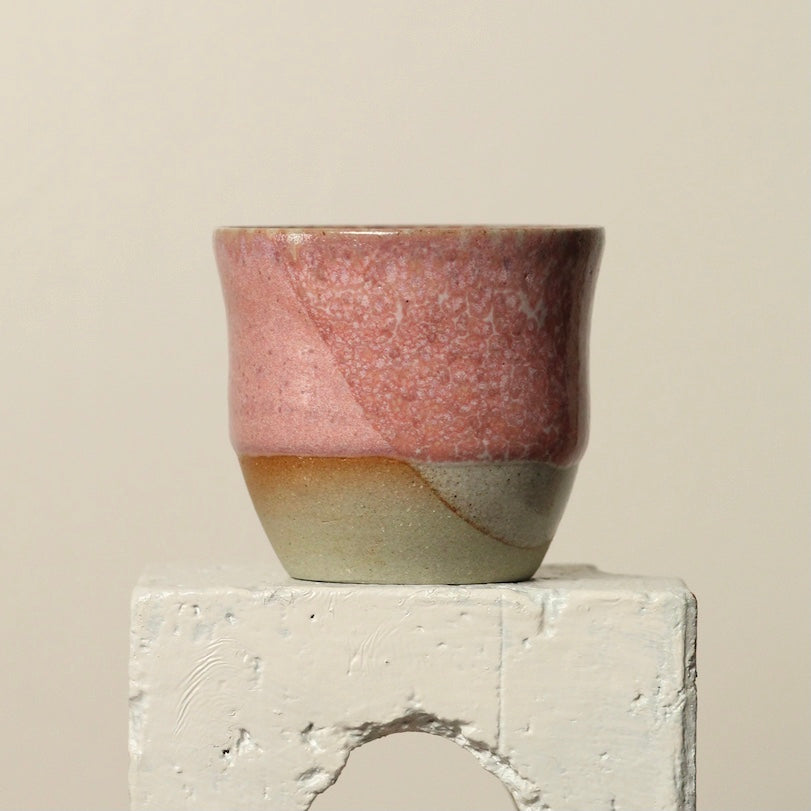 Handcrafted Pottery Espresso Cup - Pink White with Purple Inside Yellow Dots (125ml)