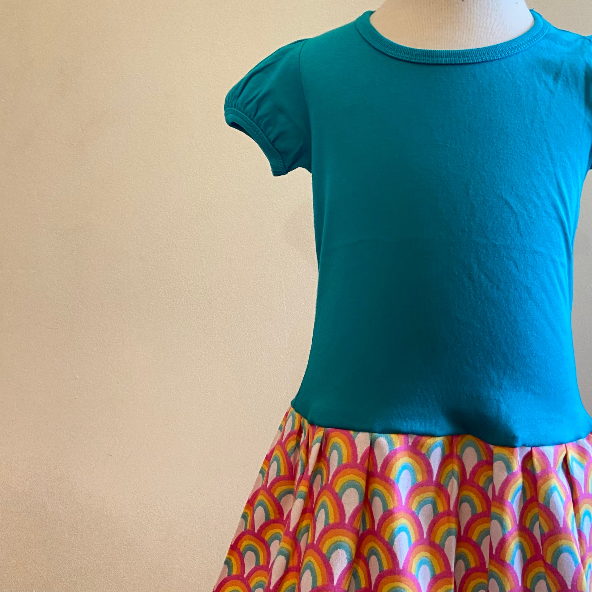 Short Sleeve Winnie Dress - TEAL WITH RAINBOWS