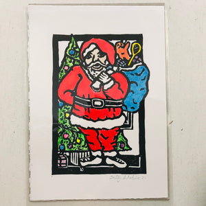 Hand printed & painted original linocut - SANTA (unframed)