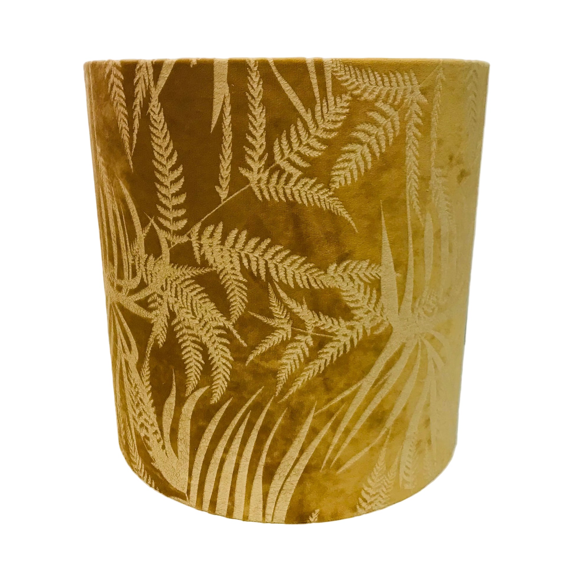 Mustard Gold cylindrical lampshade with leaf pattern on a white background