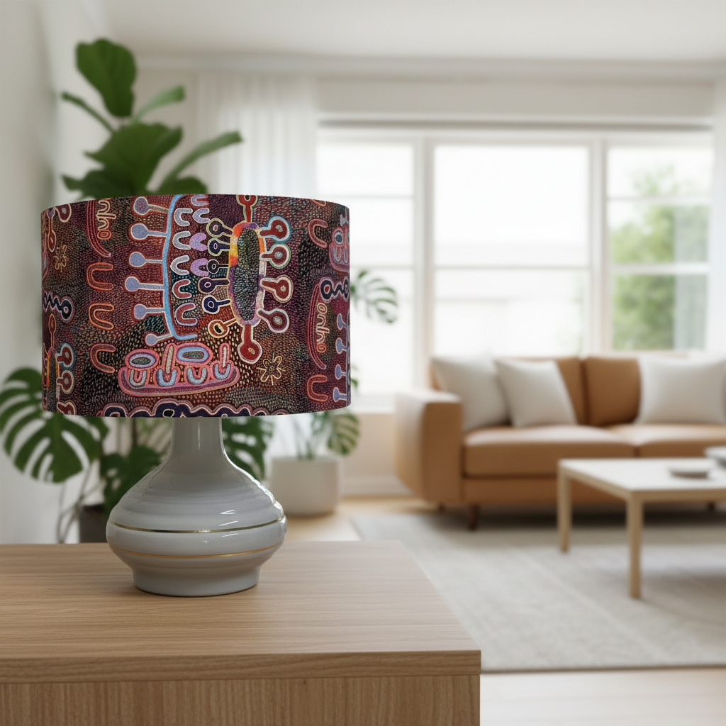 Decorative lamp with a colorful pattern on a wooden table in a living room.