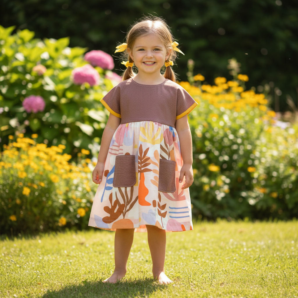 Young girl in a colorful dress standing in a garden with flowers and greenery.