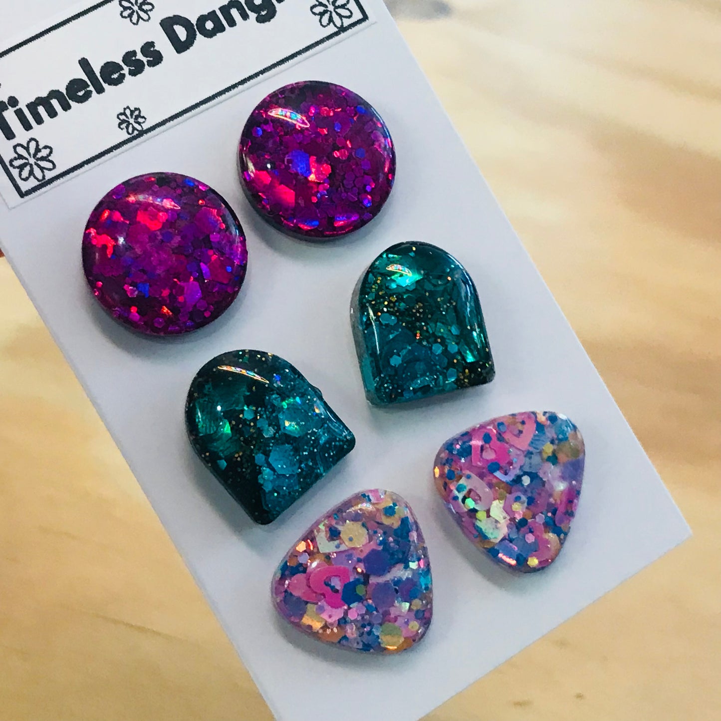 Novelty Resin Sparkle Stud Earrings - triple pack