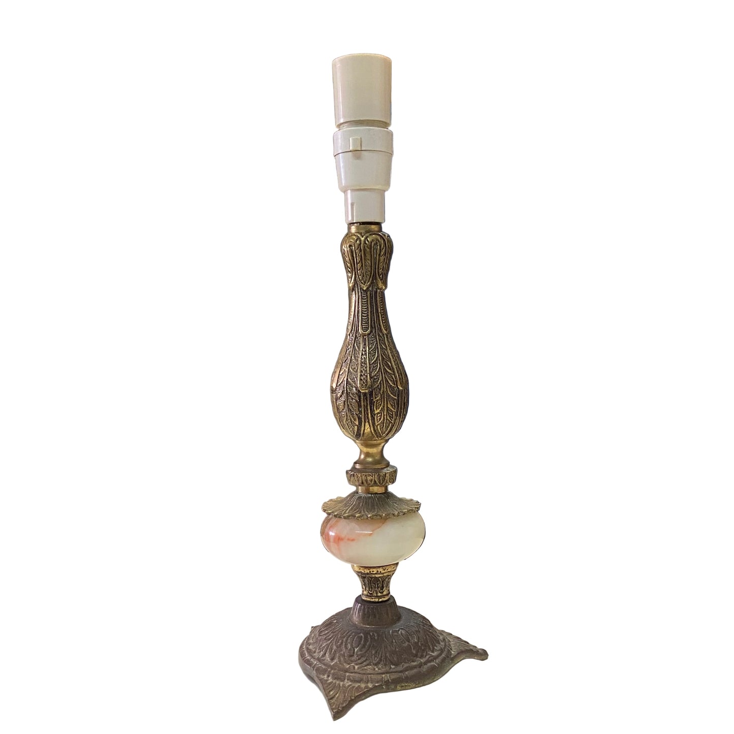 Antique Brass & Marble Detailed Table Lamp with an Atomic Era Cobblestone Shade (pair available)