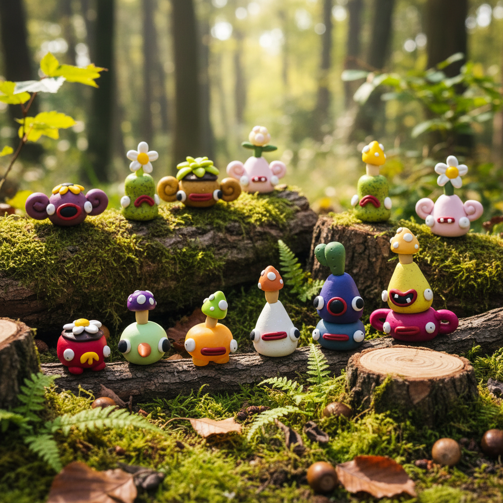 A group of small, colorful fantasy figurines with mushroom-like caps and flower details, arranged on mossy logs and tree stumps in a forest setting.