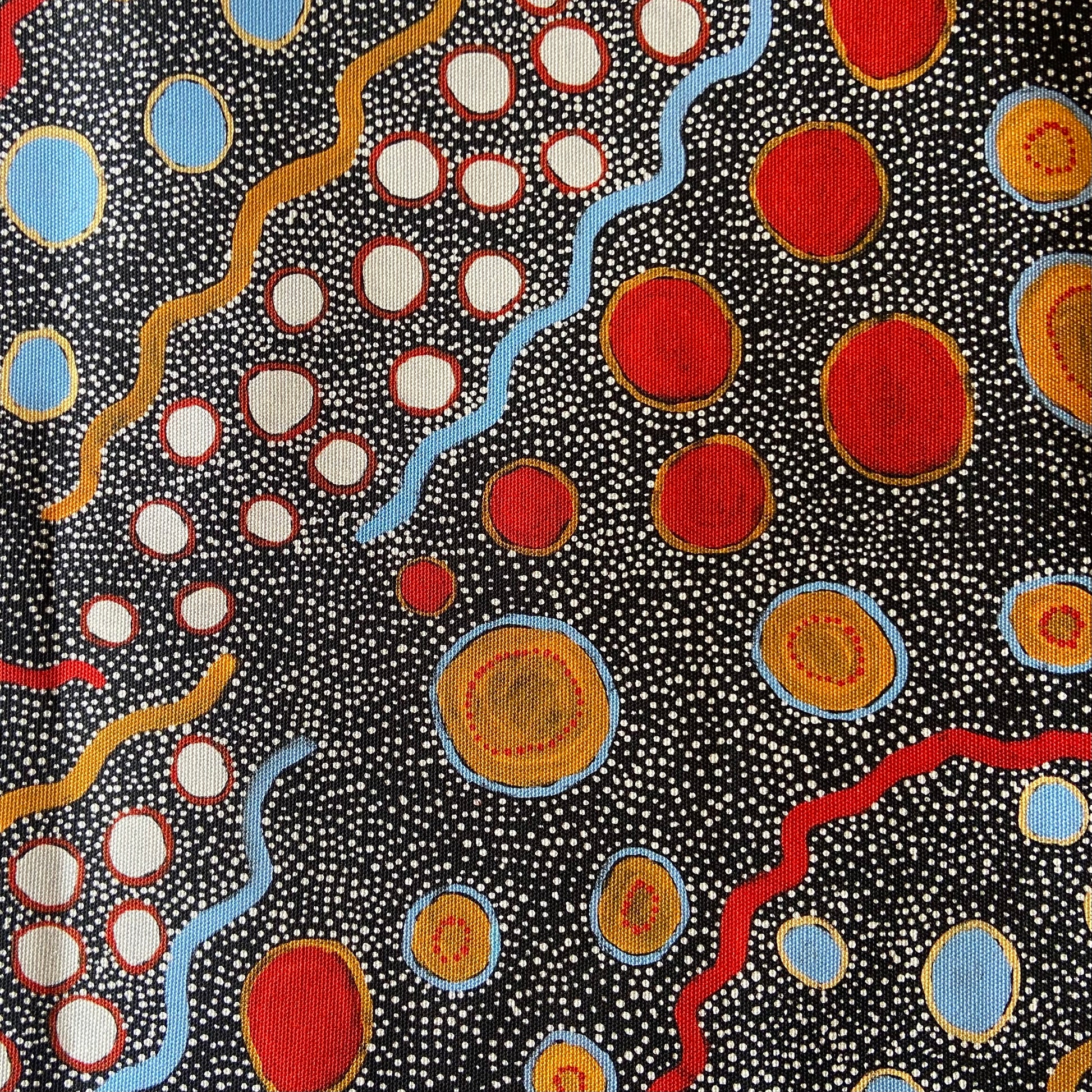 Colorful abstract pattern with red, blue, and orange shapes on a black background