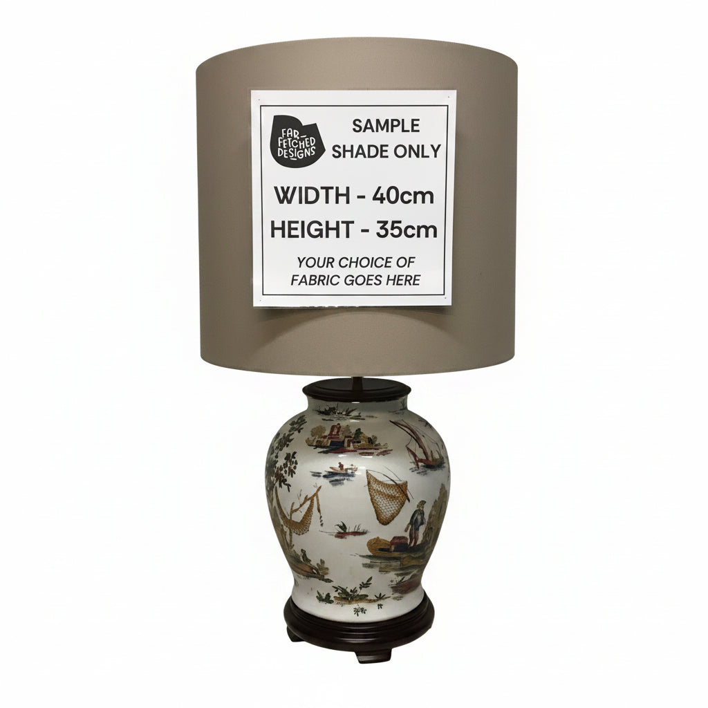 Decorative lamp with a sample shade on a white surface