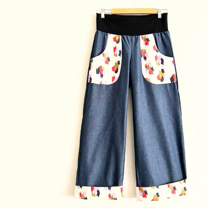 Women's Handmade Denim Pants with Pockets & Cuffs - CREAM SQUIGGLES / MEDIUM