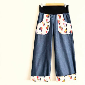 Women's Handmade Denim Pants with Pockets & Cuffs - CREAM SQUIGGLES / MEDIUM