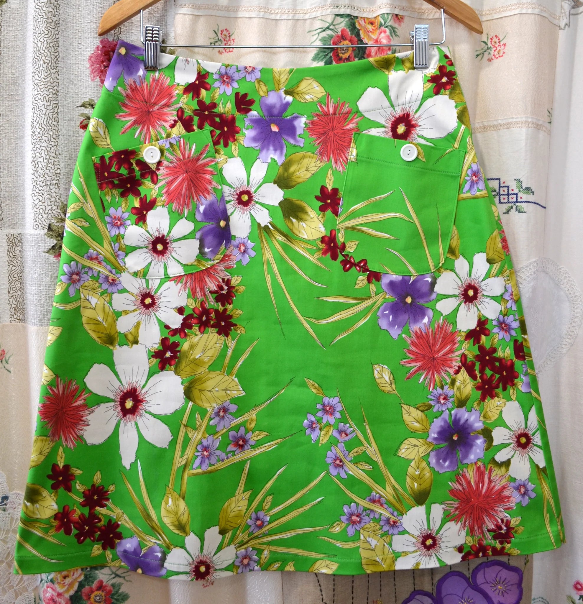 Women's Handmade Pocket Skirt - Green Watercolour