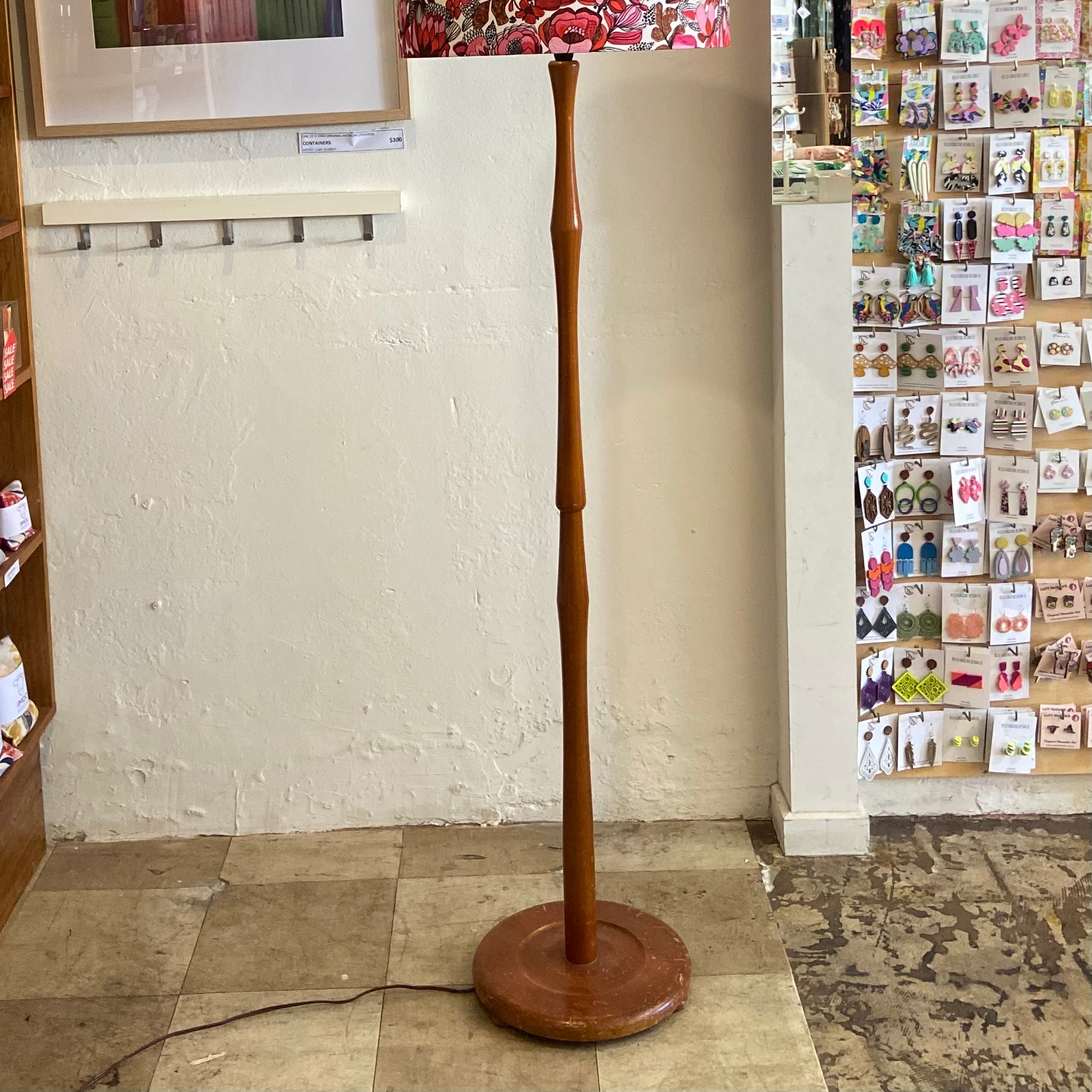 Timber Standard Floor Lamp with Red Fleurs Shade